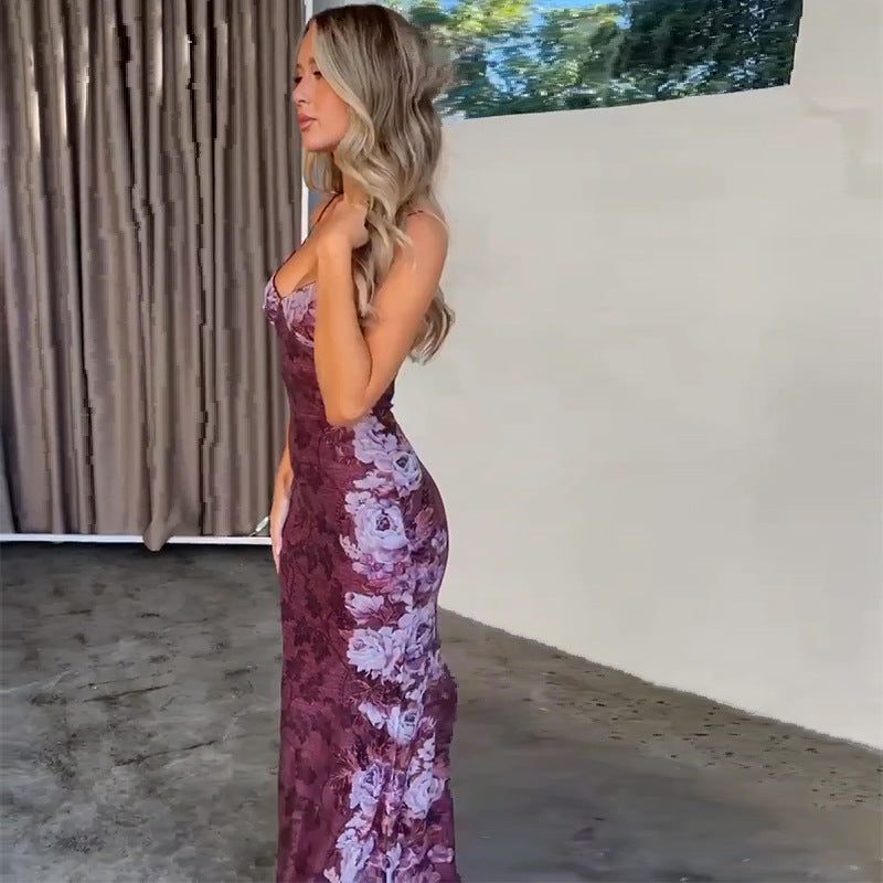 Summer Women Clothing Retro Printed High Grade Strap Dress Evening Dress
