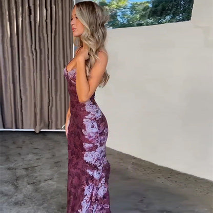Summer Women Clothing Retro Printed High Grade Strap Dress Evening Dress