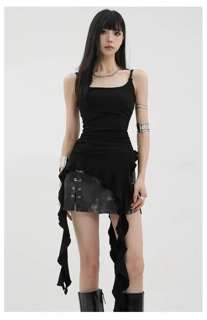 Black Asymmetric Ribbon Strap Tank Top With Ruffle Edge Design