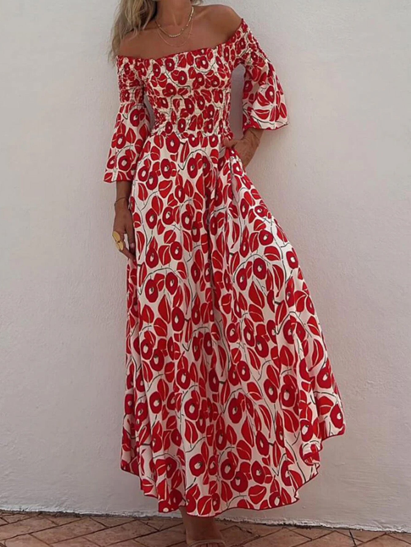 Ladies' Vacation Flower Street Elegant Printed Off Shoulder Waist Pocket Long Dress