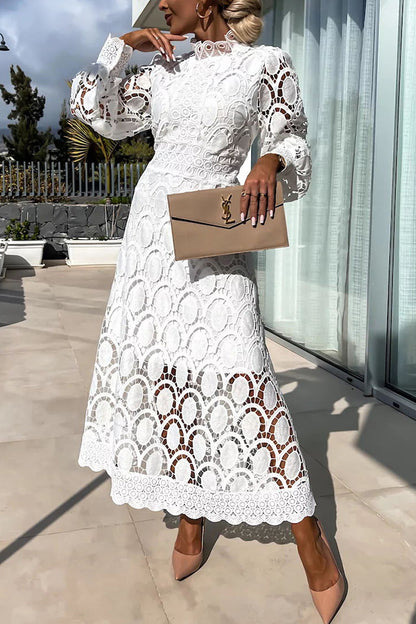 French party sensual party elegant crochet lace lantern sleeves party MIDI skirt 