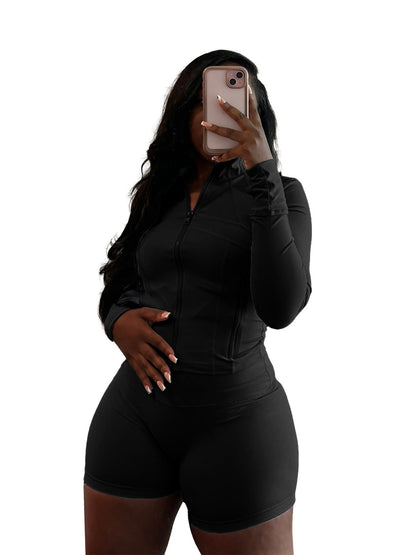 Spring Sports Casual Sexy Tight Long Sleeve Shorts Two Piece Set
