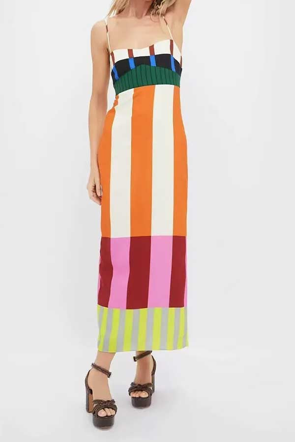Beach Moment Linen Blend Unique Color Block Slip Maxi Dress