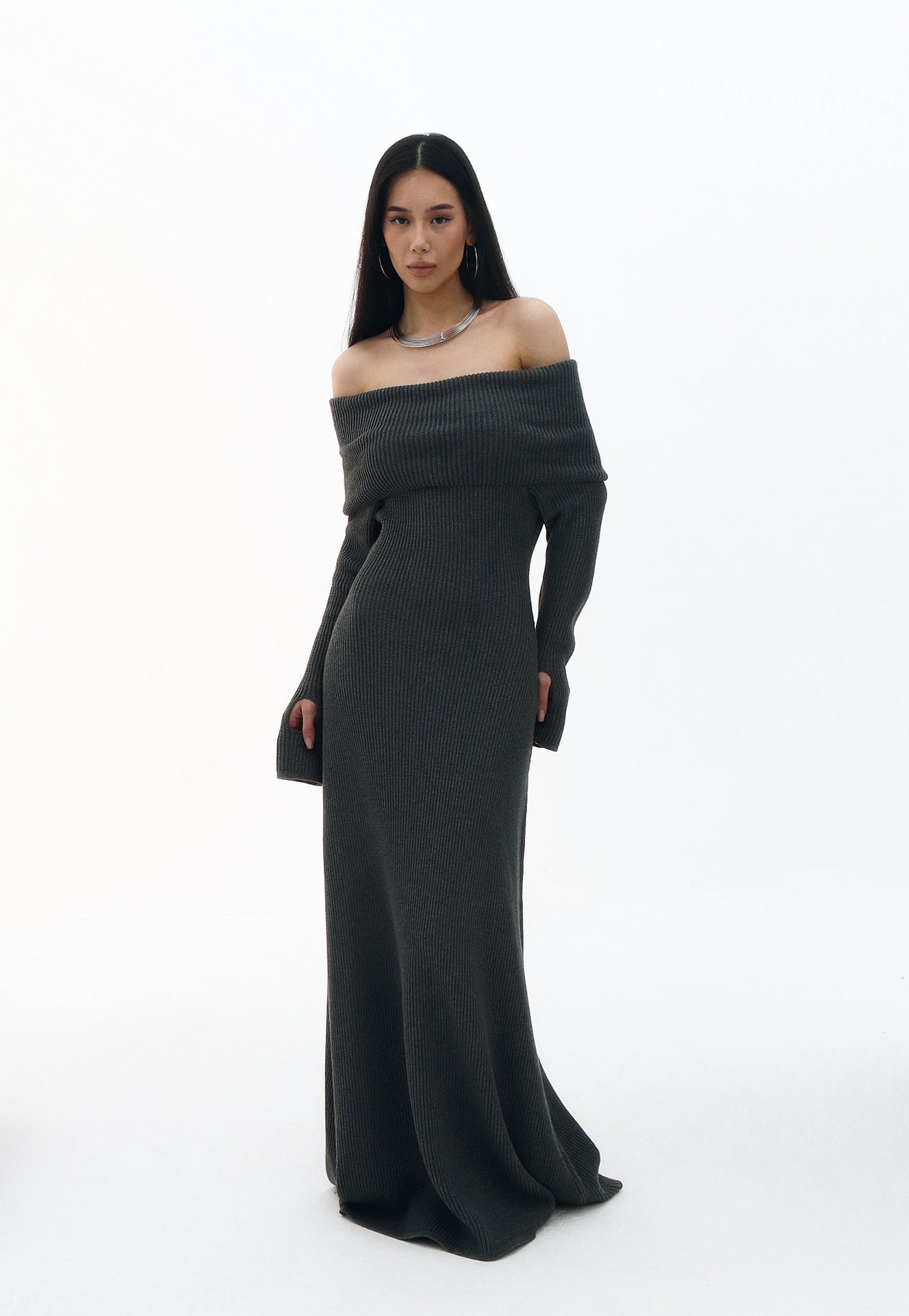 Autumn Winter Women Clothing Elegant off Shoulder Dress Solid Color Formal Dress Length Dress