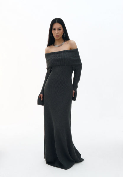 Autumn Winter Women Clothing Elegant off Shoulder Dress Solid Color Formal Dress Length Dress