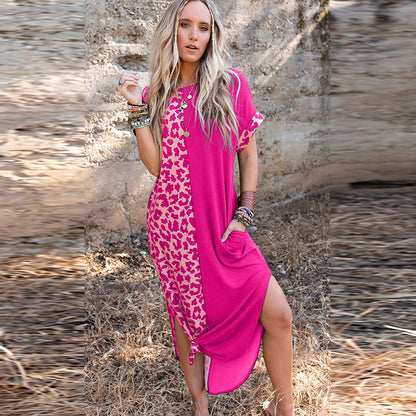 Dress Leopard Print Two Colors round Neck Short Sleeve Split Dress