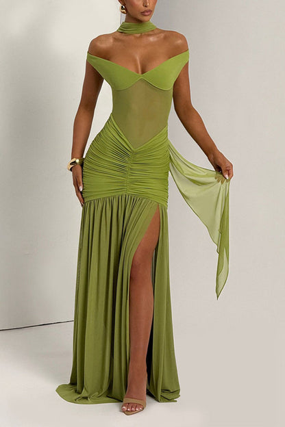 Raise The Level Mesh Off Shoulder Ruched Scarf Stretch Maxi Dress