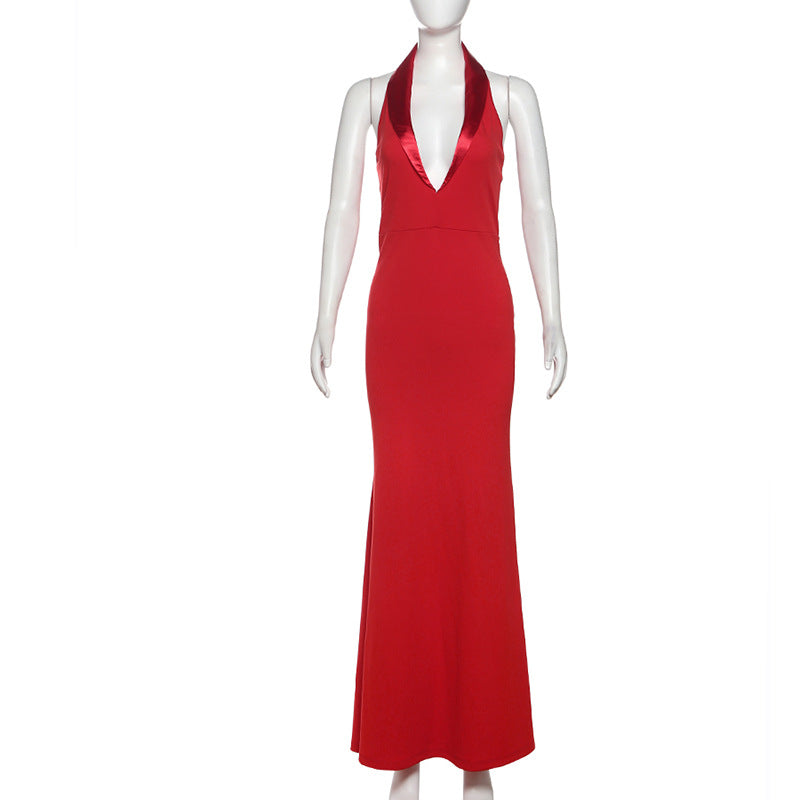 Spring Women Clothing Sexy Sleeveless Deep V Plunge-neck Halter Sexy Backless High Waist Dress