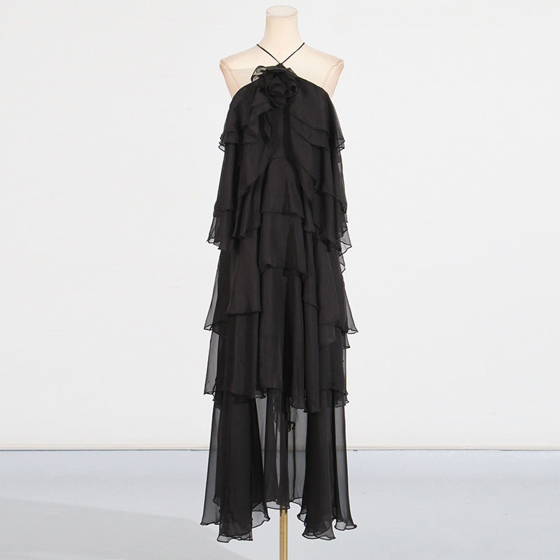 Elegant Lady Patchwork Ruffled Maxi Dress Early Spring Halter Backless Design Maxi Dress Women