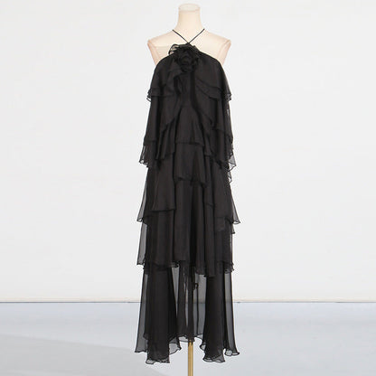 Elegant Lady Patchwork Ruffled Maxi Dress Early Spring Halter Backless Design Maxi Dress Women