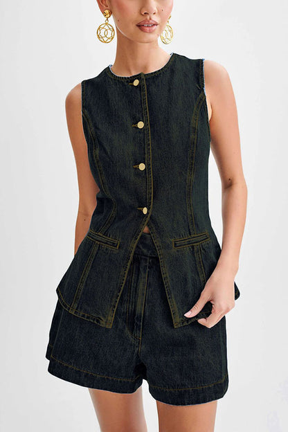 Abel Denim Button Up Princess Seams Pocket Vest Top