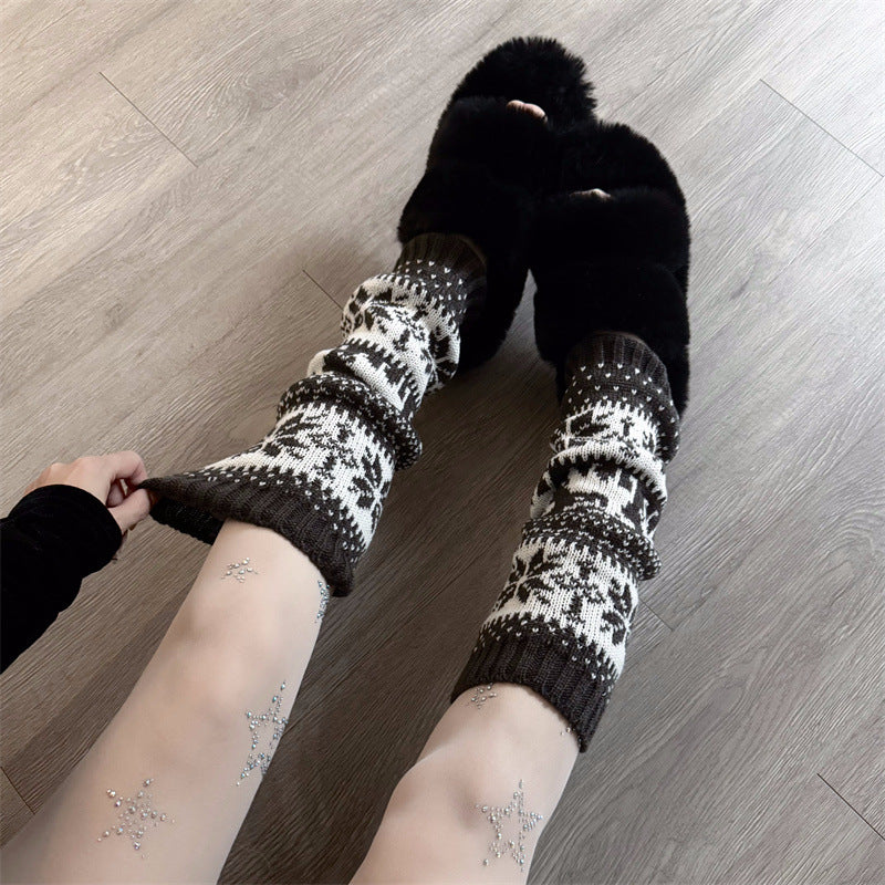 Retro Snowflake Knit Slouchy Red Leg Warmers