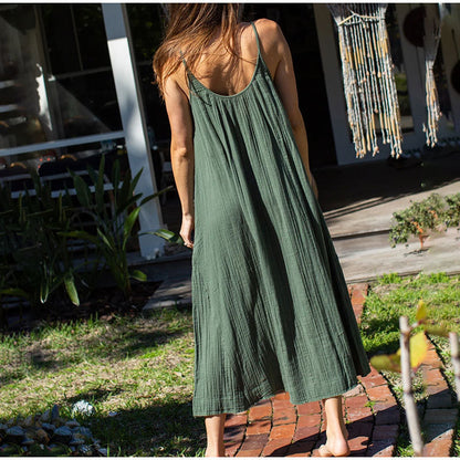 Cotton Casual Cami Dress Summer Vacation Women Maxi Dress Loose Solid Color Backless Double Layer Gauze Sleeveless Dress