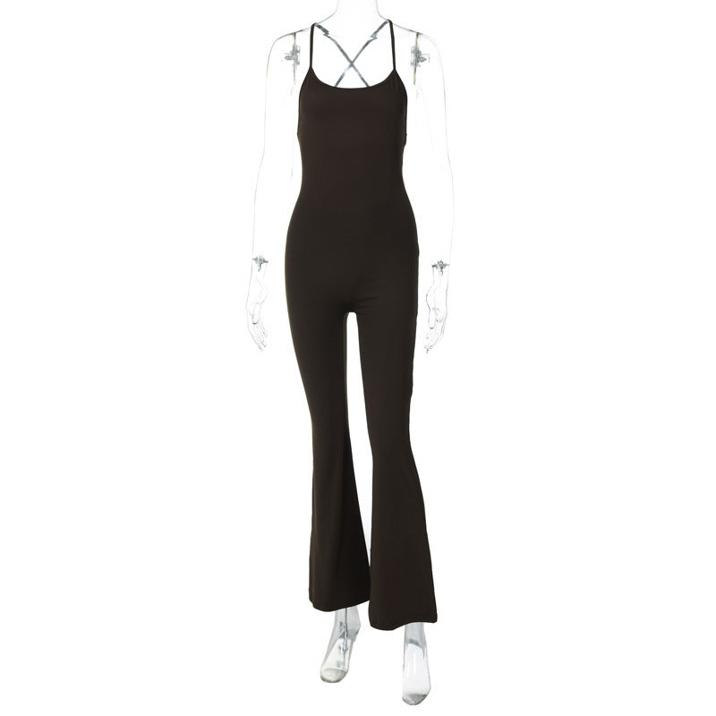 Women Clothing Winter Solid Color Sling Backless Wide Leg Bell Bottoms Sports Yoga Jumpsuit