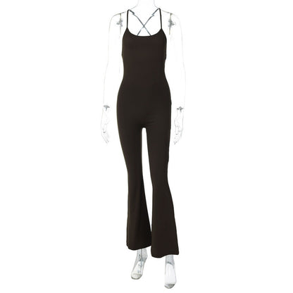 Women Clothing Winter Solid Color Sling Backless Wide Leg Bell Bottoms Sports Yoga Jumpsuit