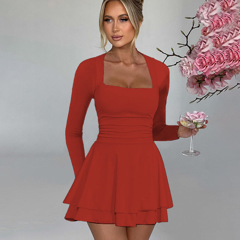 Women Clothing Square Collar Long Sleeve Waist Trimming Ruffles Simple Elegant Dress