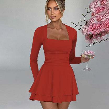 Women Clothing Square Collar Long Sleeve Waist Trimming Ruffles Simple Elegant Dress
