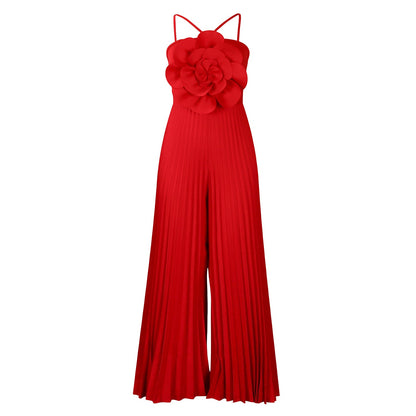 Women Clothing Summer Halter Three Dimensional Floral Solid Color Wide Leg plus Size Jumpsuit