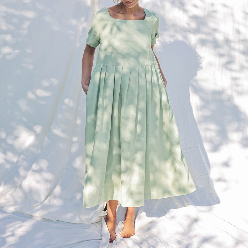 Square Collar Cotton Linen Dress Short Sleeve Women Clothing Summer Nordic Niche Loose Mid Length