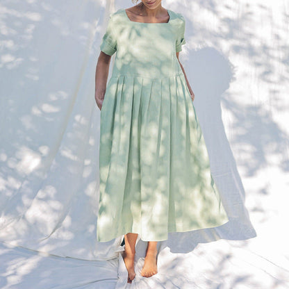 Square Collar Cotton Linen Dress Short Sleeve Women Clothing Summer Nordic Niche Loose Mid Length