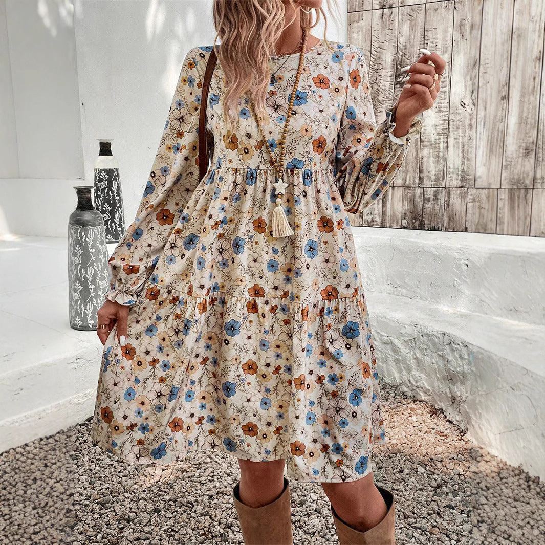 Printed round Neck Lantern Sleeve Frill Loose Casual Dress Autumn