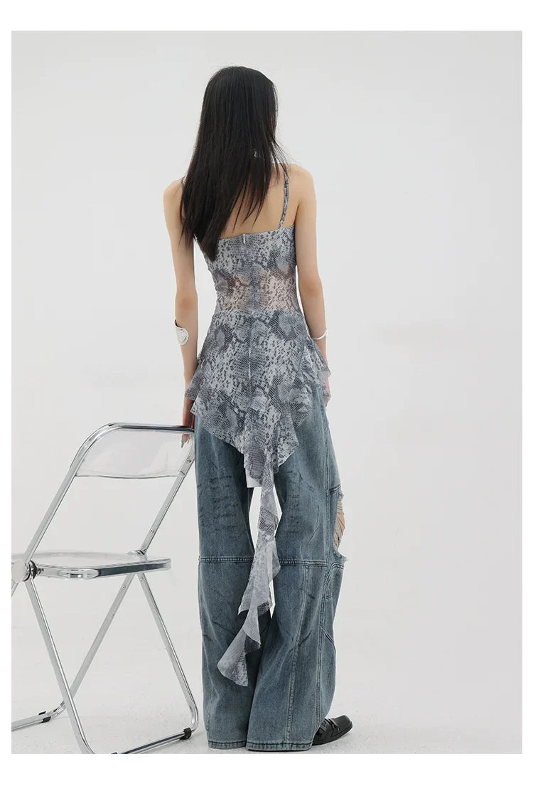 Vintage Distressed And Dirt-Dyed Patchwork Wide-Leg Jeans