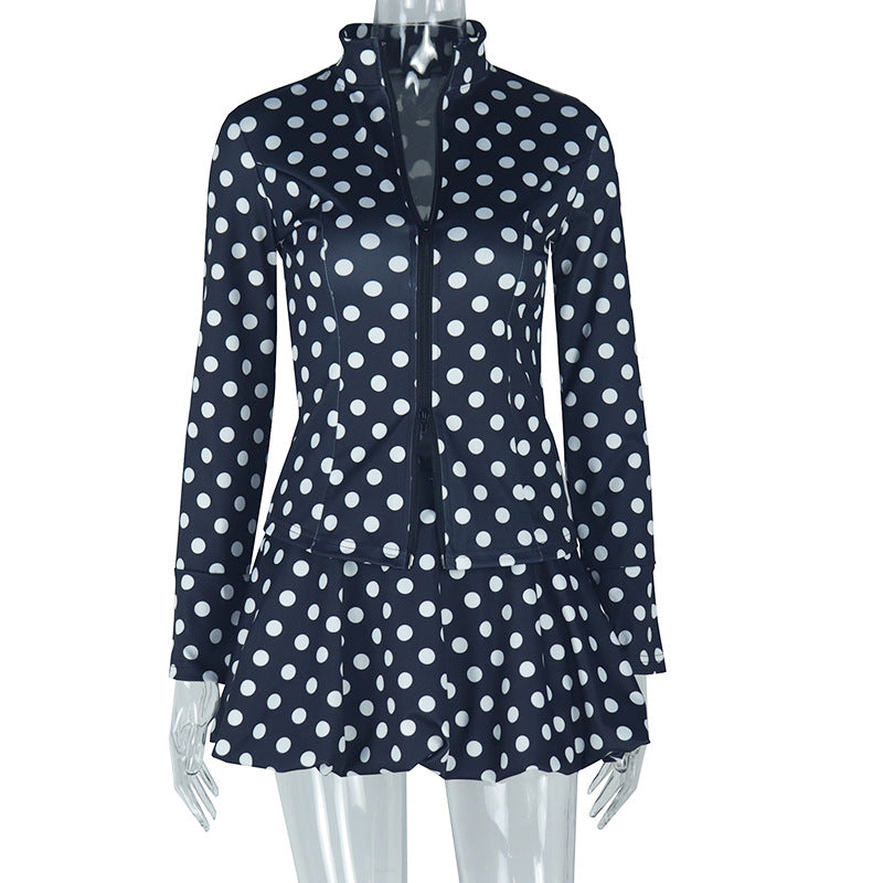 Women Wear Waist White Polka Dot Draped Skirt Set Long Sleeve Cardigan Zipper Top Skirt Two Piece Sets