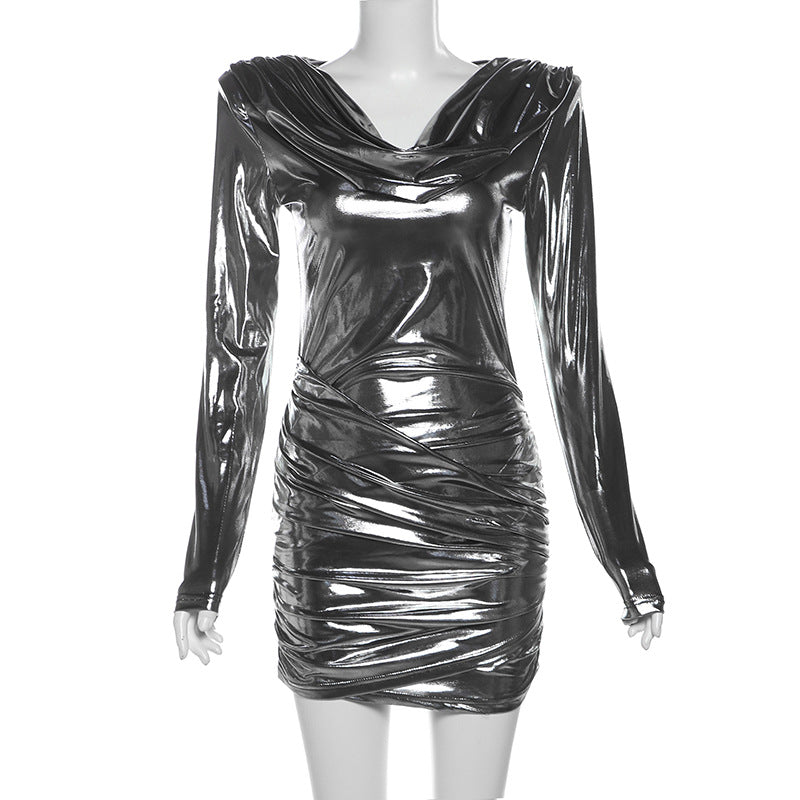 Winter Women Clothing Sexy Swing Collar Long Sleeve Pleated Glossy Sheath Sexy Short Dress