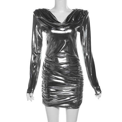 Winter Women Clothing Sexy Swing Collar Long Sleeve Pleated Glossy Sheath Sexy Short Dress
