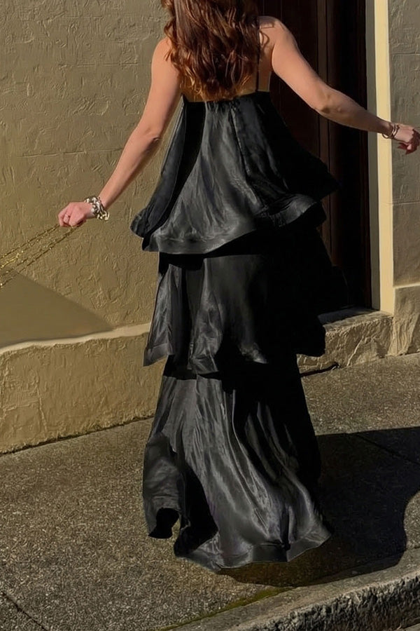 Soft and Smooth Satin Tiered Slip Square Neck A-line Maxi Dress