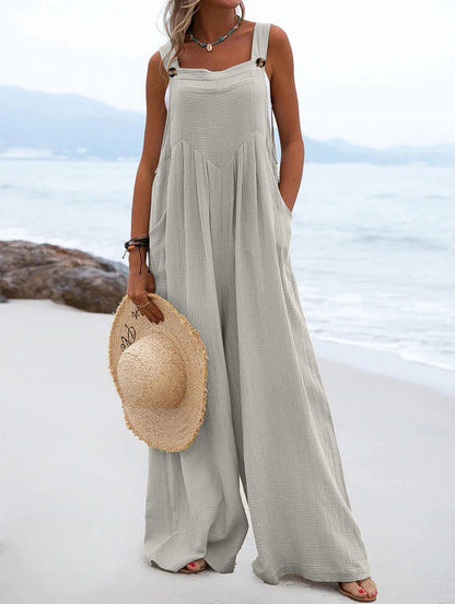 Women Clothing Summer Jumpsuit Ethnic Solid Color Wide Leg Jumpsuit