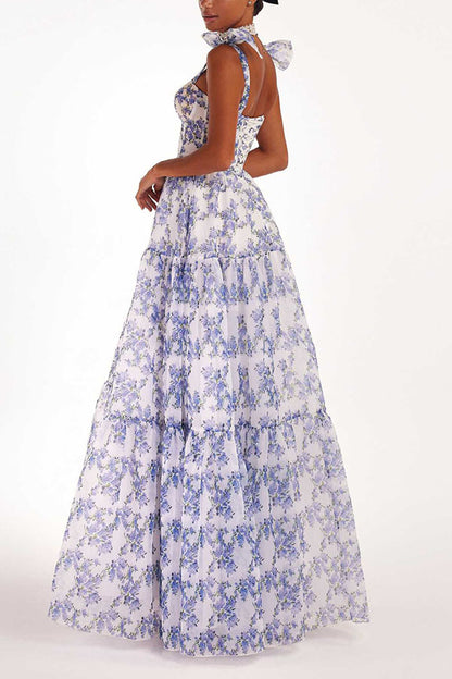 Fairytale Itself Organza Floral Print Tie Strap Maxi Dress