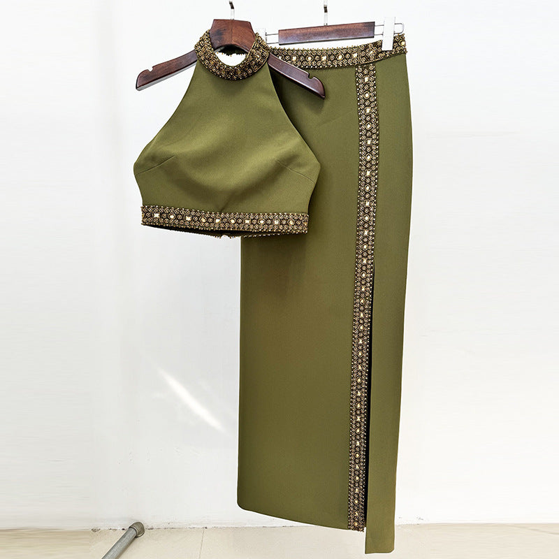 Spring Summer Heavy Industry Beads Diamond Halterneck Vest Top Split Long Skirt Set Two Piece Set