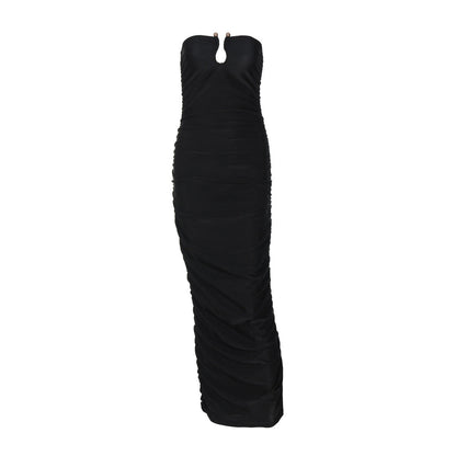 Women Clothing Autumn Winter Sexy V neck Back Slim Pleated Solid Color Dress