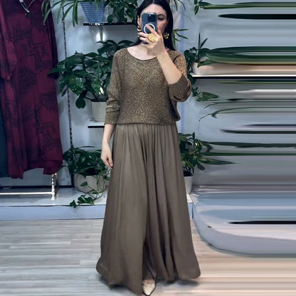 Spring Golden Long Sleeve Top Skirt Two Piece Set Women Clothing Skirts Set