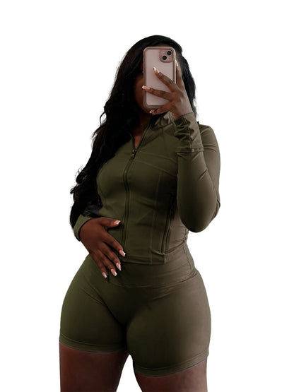 Spring Sports Casual Sexy Tight Long Sleeve Shorts Two Piece Set