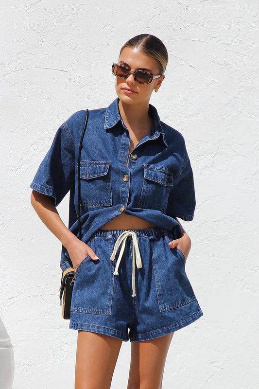 Summer Women Clothing Casual Loose Pockets Short Sleeved Shirt Denim Two Piece Set