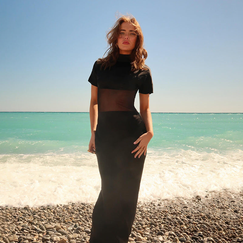 Autumn Socialite Elegant Sexy Mesh Slim Fit Stitching Small Turtleneck Dress Women