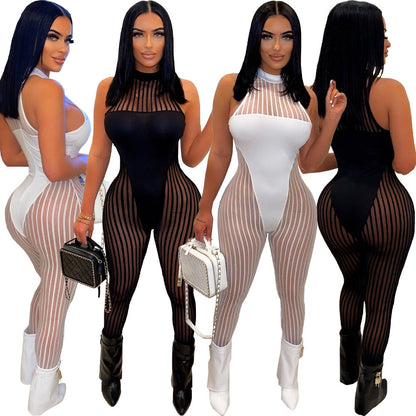 Women Clothing Sexy Mesh Stripes Stitching Women Jumpsuit