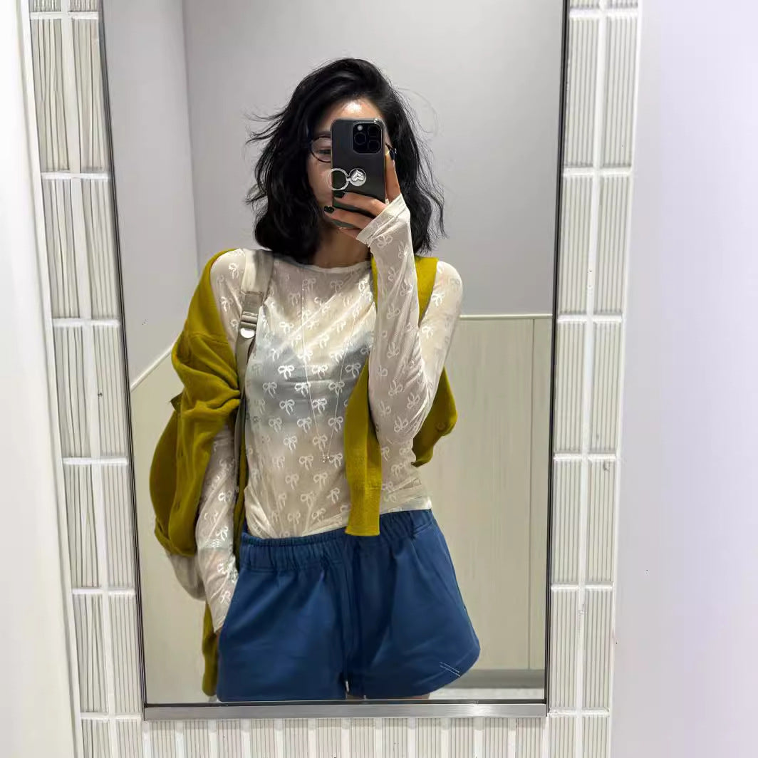 Spring Summer Cute Japanese Bowknot Elastic Mesh Bottoming Shirt Long Sleeve T shirt Inner Wear