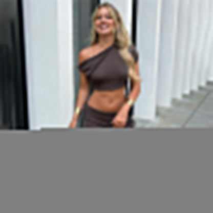 Winter Women Clothing Slant Shoulder Cropped T shirt Slim Hip Bag Skirt Set