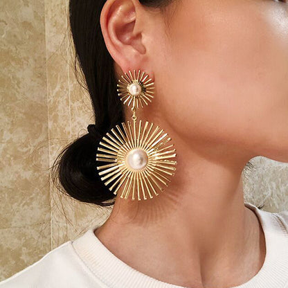 Beaded Double Geometric Pattern Drop Earrings