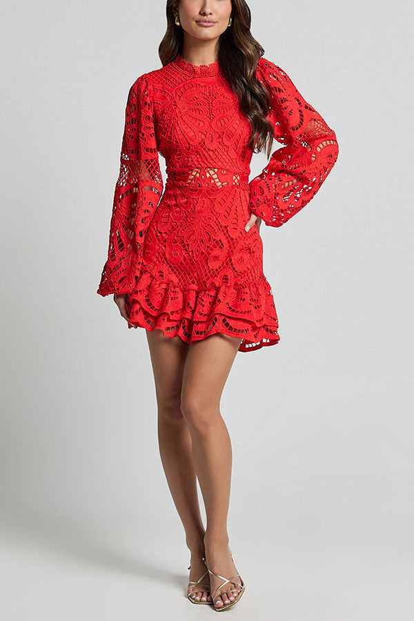 Solid Color Hollow Long-sleeved Waisted Lace Mini Dress