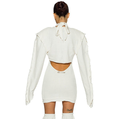 Women Clothing Winter Solid Color Hoodie Long Sleeve Halter Ripped Backless Short Dress Set