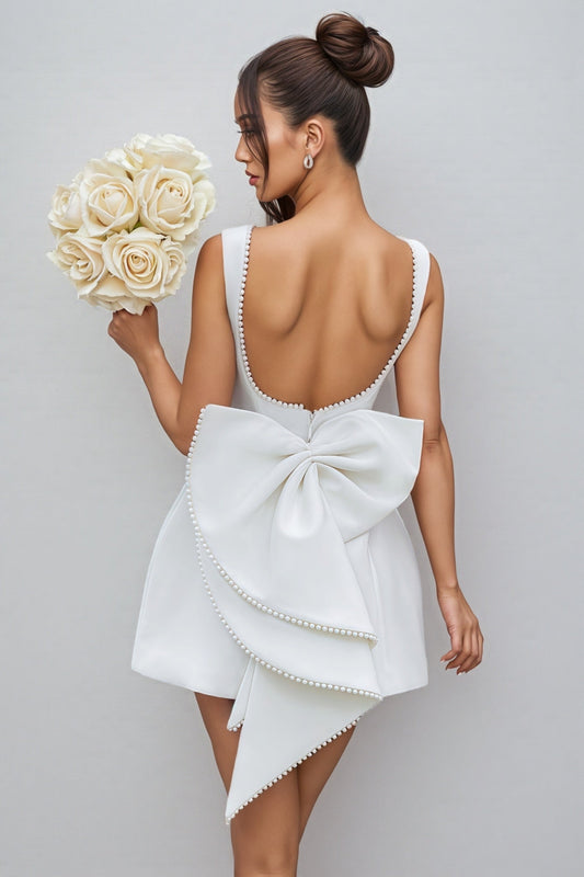Flair White Backless Bow Mini Dress