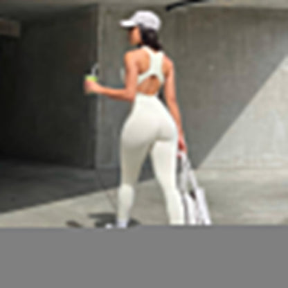 Sports Women Solid Color Yoga Pants Zipper Stitching Hollow Out Cutout Backless Tight Sleeveless One Piece Trousers
