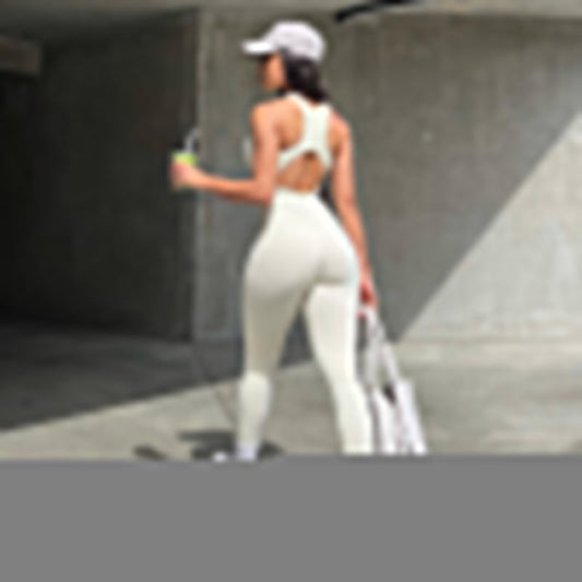 Sports Women Solid Color Yoga Pants Zipper Stitching Hollow Out Cutout Backless Tight Sleeveless One Piece Trousers
