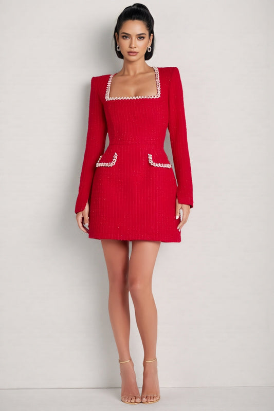 Yolia U Neck Long Sleeve Mini Dress-Red