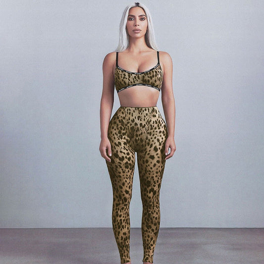Spring Women Clothing Sexy Sexy Leopard Print Sexy Suspender High Waist Tight Trousers Two Piece Sets