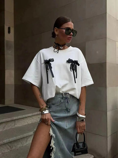 Cotton Niche Personality Sexy Lace Printed Short Sleeved T shirt Street All Match Top